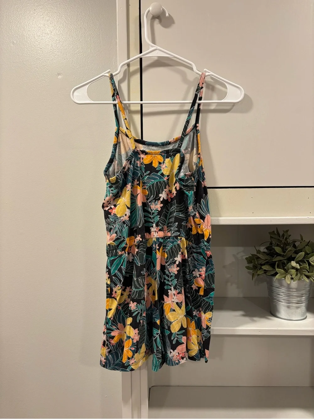Old Navy Black Floral Tropical Romper with Yellow & Pink Blooms